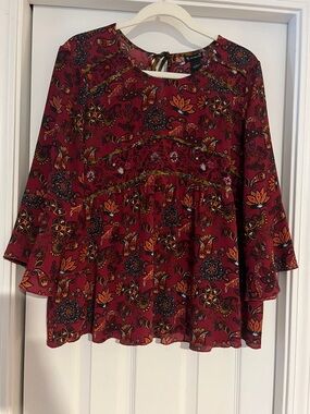 new directions Burgundy Floral Boho Peasant Blouse